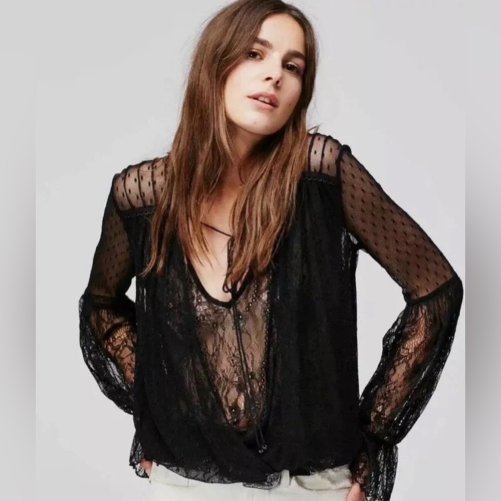 Free People Far Away Black Lace Top Long Sleeve Size XS